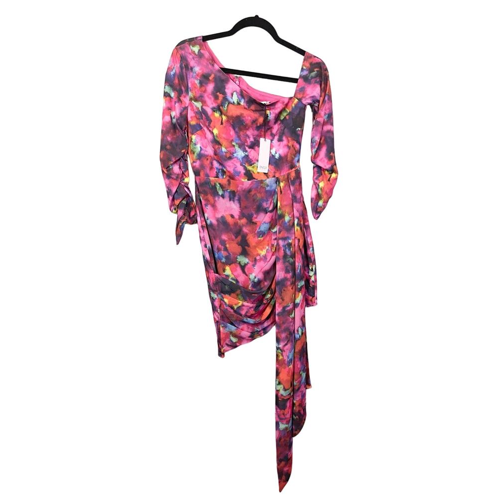 One33 Social One-shoulder Draped Printed Satin-crepe Mini Dress Size 0 NWT
